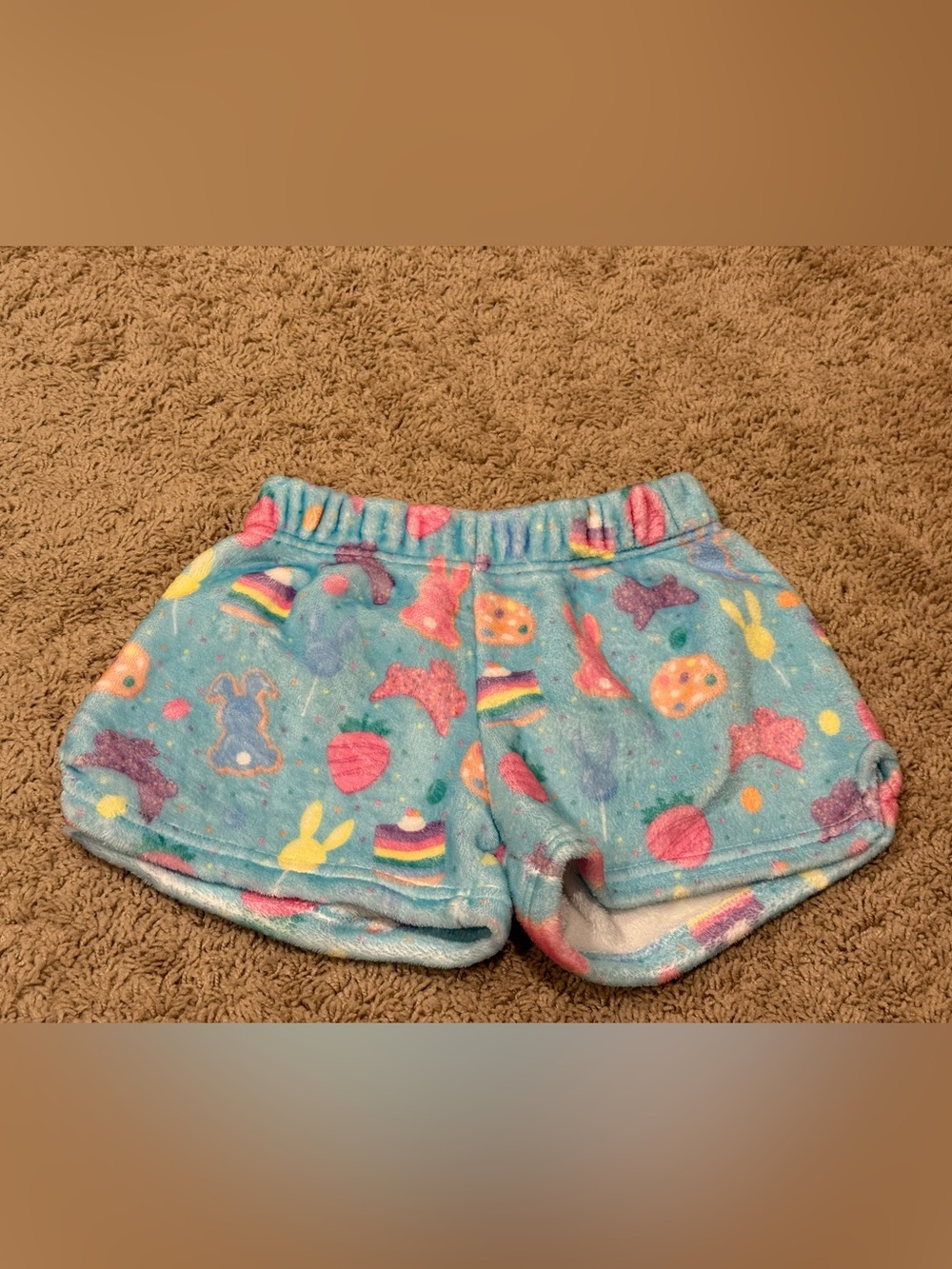 Blue Plush Kids Shorts with Bunny & Rainbow Motif